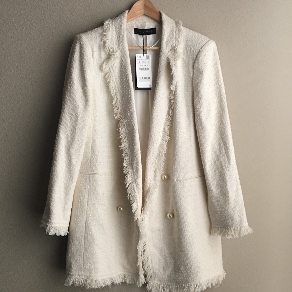 Zara Frayed Jacket with Pearl Buttons - L